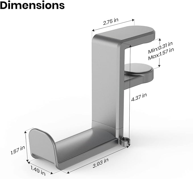 Rotating Headphone Stand - EURPMASK PC Gaming Headset Stand, Adjustable Clamp-on Headphones Holder, Earphone Hanger Hook Under Desk with 360 Degree Swivel&Cable Clip Organizer - Space Grey