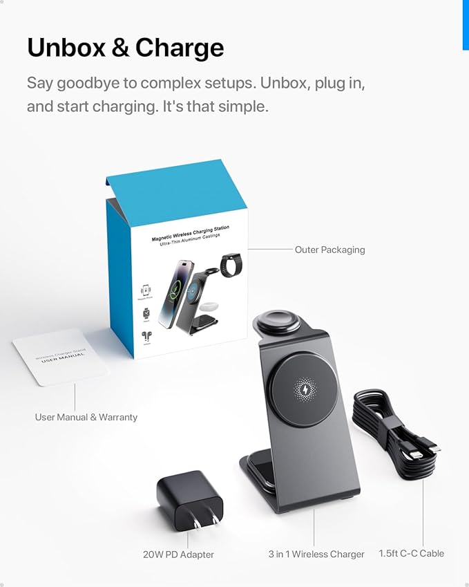 Intoval 3 in 1 Wireless Charging Station for Magsafe, Magnetic Charger for iPhone 16 15 14 13 12 Pro Max, Wireless Charger for Apple Watch 10 Ultra SE 9 8 7 6, for AirPods 4 Pro 2 3 (Grey)