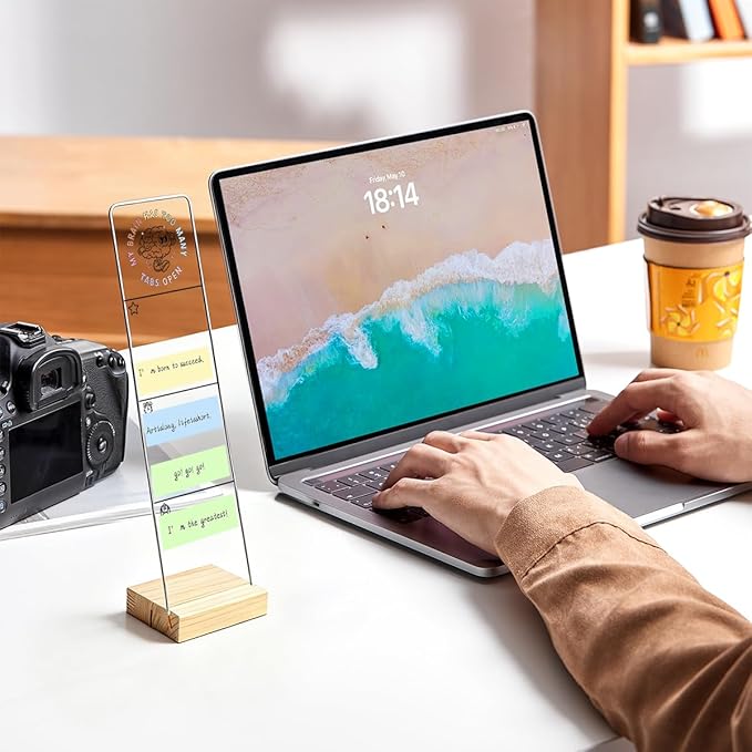 Monitor Memo Board with Removable Wooden Base Acrylic Portable Sticky Note Holder, My Brain Has Too Many Tabs Open Logo Office Desk Desk Set Sticky Notes 100 Sheets