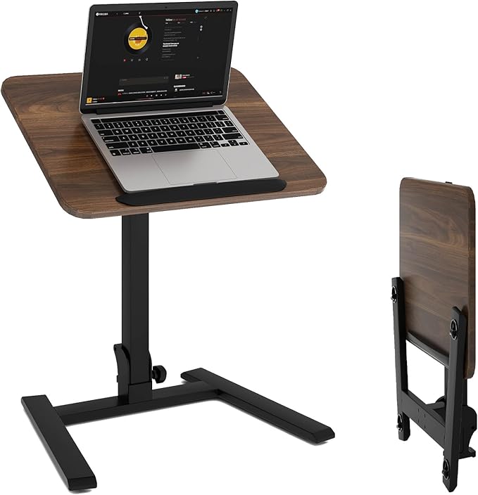 PUNCIA Adjustable Height Small Standing Desk Foldable Laptop Table with Stoppers - 90° Tiltable Rolling Computer Cart Portable Workstation Mobile Desk for Home Office Small Space Bedroom Dorm Study