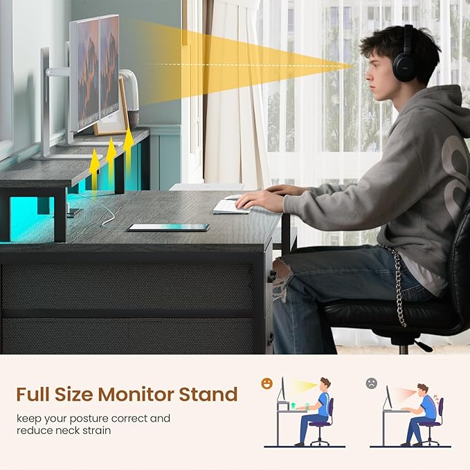 SEDETA Home Office Desk with File Drawer & Power Outlet, 66'' Computer Desk with 5 Drawer, Storage Shelves, Printer Cabinet and Monitor Shelf, Gaming Desk with Led Lights, Grey