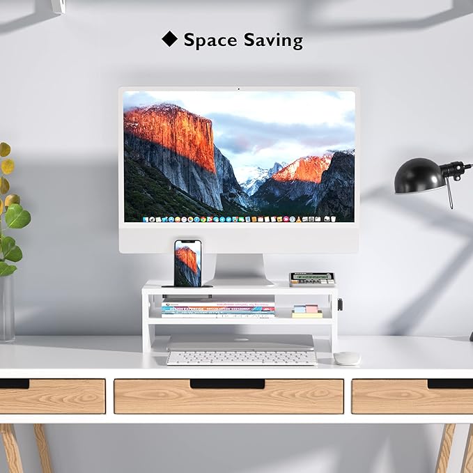 BONTEC Wooden Monitor Stand Riser, 2-Tier Desk Shelf with Storage Organizer, Ergonomic Computer Stand with Cable Management, Cellphone Holder, White, 16.5 Inch