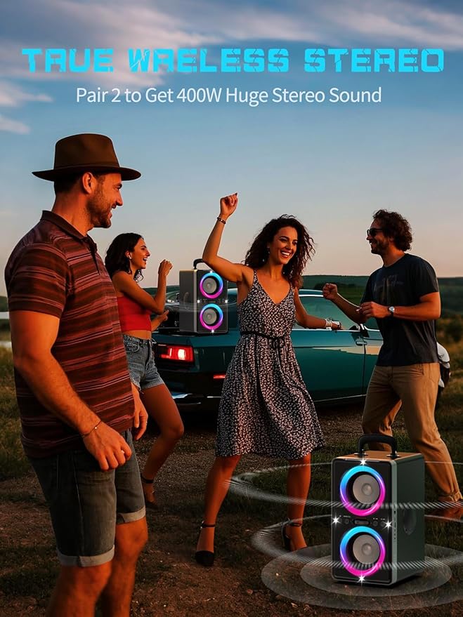 Bluetooth Speaker, 200W Peak Loud Stereo with Big Bass, 20H Playtime, TWS, Fast Charging, Portable Handle, Wireless Large Boombox Bocina with LED Light for Party Outdoor Backyard Camping