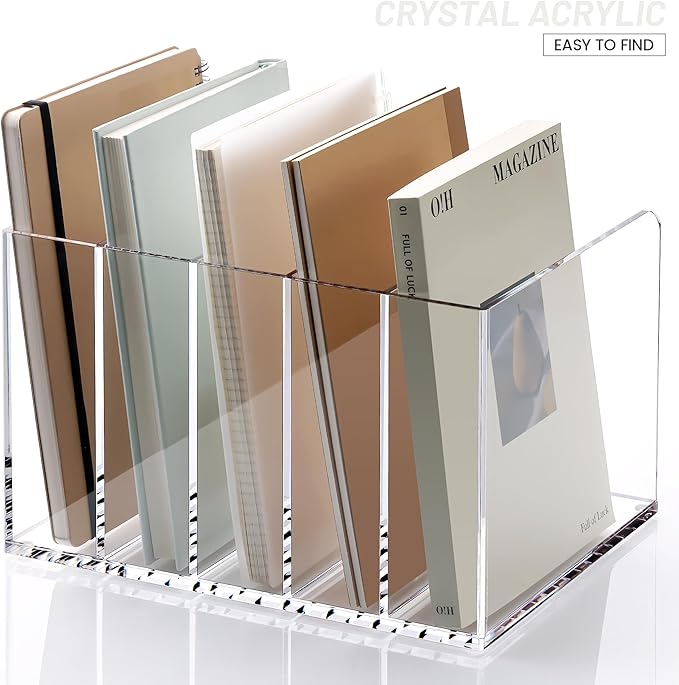 YUXUN Acrylic Magazine Holder,Clear Desk Organizer Vertical File Sorter Holder Stand for Notebook,Paper,Envelope,Magazine, Book Storage-Office/Home/Classroom Organization (5 Compartments,B5)