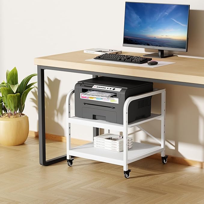 20 Inches Large White Printer Stand, 2-Tier Under Desk Printer Table with Height Adjustable Shelf, Rolling Printer Cart with Industrial Wheels for Home Office (White)