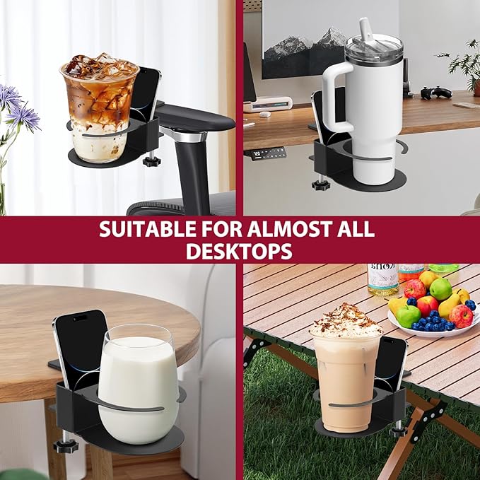 Desk Cup Holder for Coffee Mugs, Tumblers, Water Bottles with Mobile Phone Stand, Anti-Spill Metal School Home Office Accessories (Black-1)