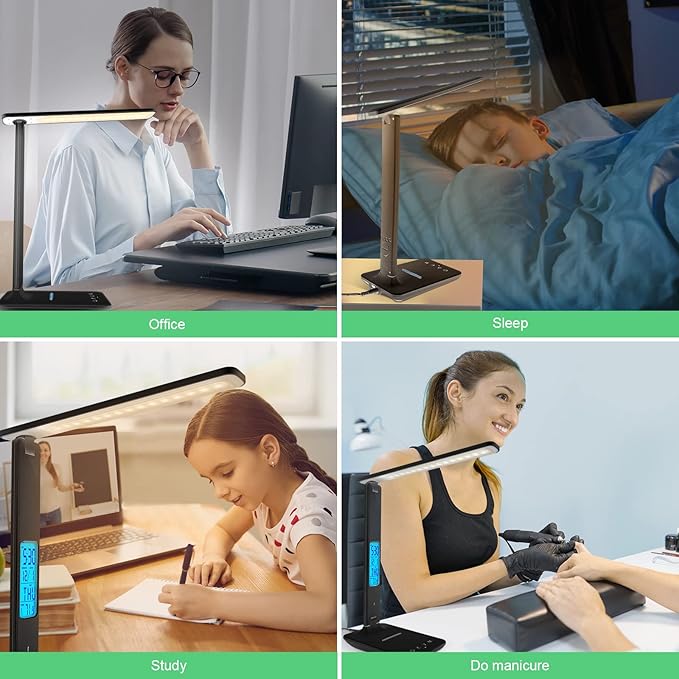 Desk Light with Wireless Charger, USB Charging Port, Dimmable Office Desk Lamp with Clock, Alarm, Date, Temperature, Foldable Lamp for Table Bedroom Bedside Office