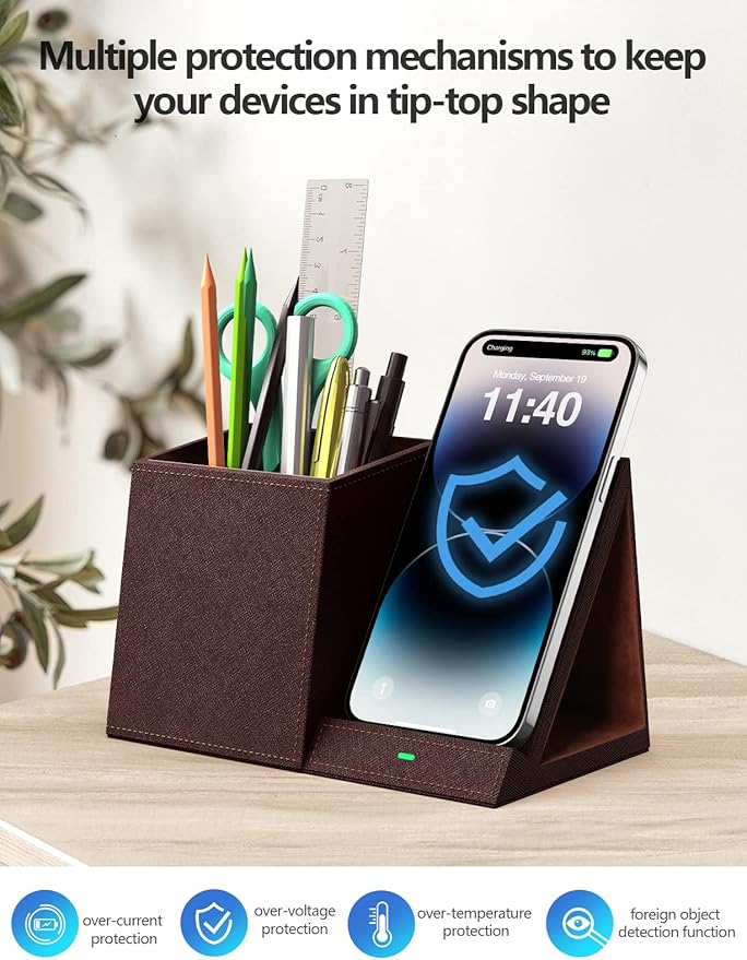 Pen Holder with Wireless Charger, Compatible with iPhone 17/16/15/14/13/12/11/8 Series, Pencil Holder Phone Stand for Desk Home Office, Men Gift Husband Wife Anniversary Dad Birthday Idea Gadget