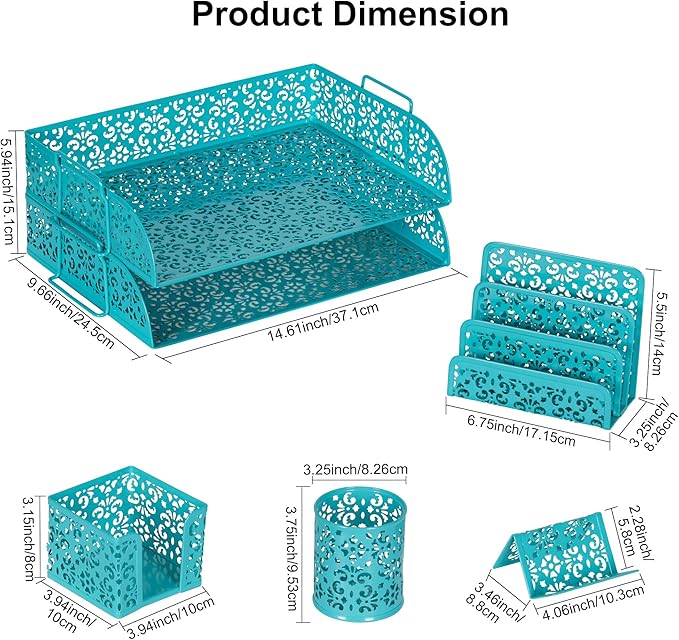 EasyPAG Desk Organizers and Accessories 5 Pieces Office Supplies Set - 2 Tier Paper Tray, Pencil Organizer for Desk, Mail Sorter Countertop, Business Card Holder and Sticky Note Holder, Dark Teal