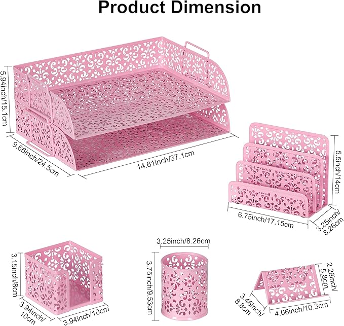 EasyPAG Desk Organizers and Accessories 5 Pieces Office Supplies Set - 2 Tier Paper Tray, Pencil Organizer for Desk, Mail Sorter Countertop, Business Card Holder and Sticky Note Holder, Pink