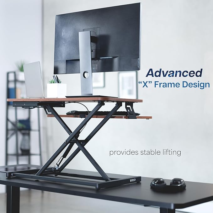 VIVO Height Adjustable 32 inch Stand Up Desk Converter, Quick Sit to Stand Tabletop Dual Monitor Riser Workstation, Dark Walnut Desktop, Black Frame, DESK-V000SD