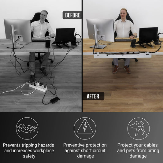 Clean home office desk with hidden cable management, showing neatly organized cables and a clutter-free workspace
