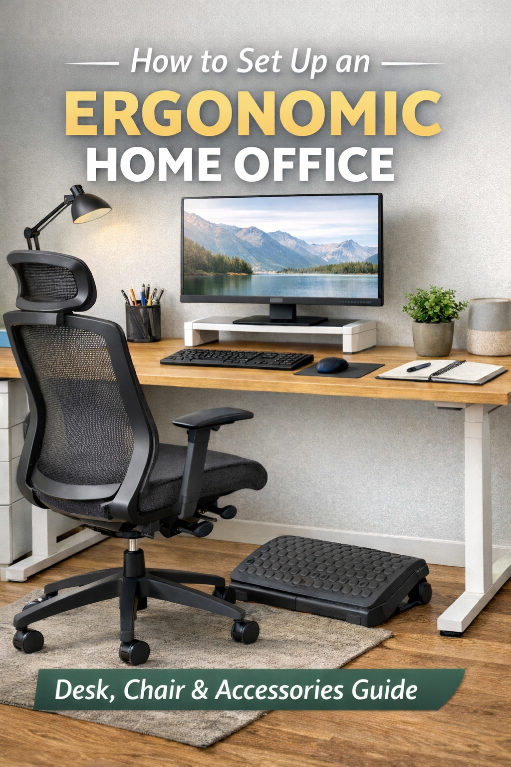 Ergonomic home office setup with adjustable desk, monitor stand, and office chair
