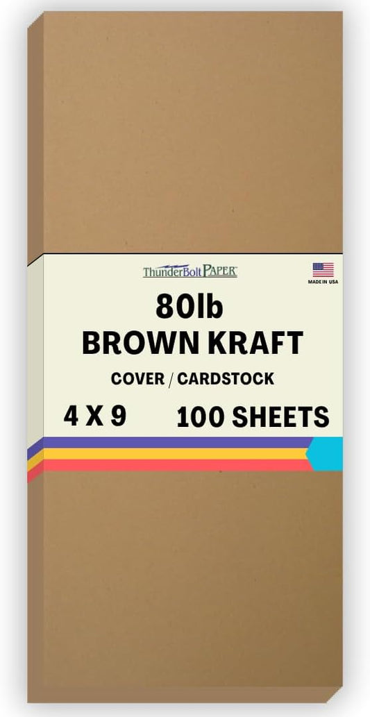 100 Brown Kraft Fiber 80# Cover Paper Sheets - 4" X 9" (4X9 Inches) #10 Envelope Insert Size - Rich Earthy Color with Natural Fibers - 80lb/pound Cardstock - Smooth Finish