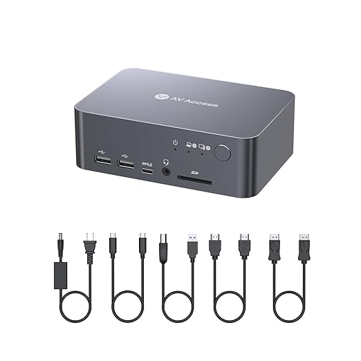 AV Access Docking Station Dual Monitor, KVM Switch 2 Monitors 2 Computers (Laptop & Desktop), USB-C Charge & Ethernet for Laptop, EDID, 4K@60Hz Dual HDMI Output, 120W Power Adapter, 5xUSB, Audio, SD