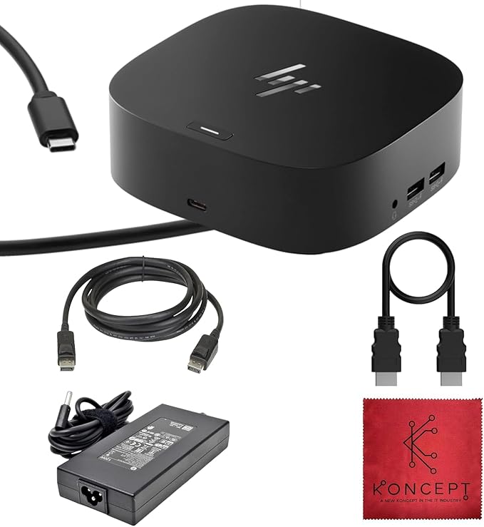 HP Docking Station for Laptop Dual Monitor and Charging - 5TW10AA / 5TW10UT / 5TW10AA#ABB USB-C G5 Dock with 120W AC Adap TER + HDMI Cable + DisplayPort Cable + Cleaning Cloth (Renewed)
