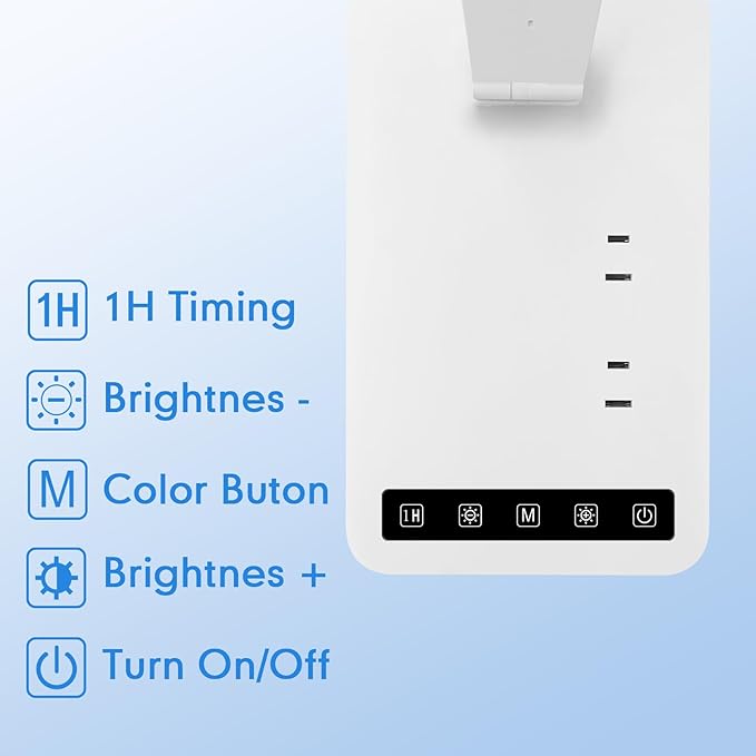 Desk Lamp with 4-Port Charging Station (2 AC Outlets, USB-C, USB-A), 5 Color Modes & Adjustable Brightness, Flexible Gooseneck Arm, Eye-Protecting LED Light Source, Ideal for Home Offices & Bedrooms