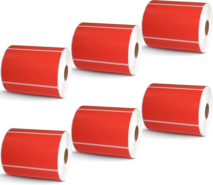 BETCKEY - 4" x 2.5" Shipping & Multipurpose Labels Compatible with Zebra & Rollo Label Printer,Premium Adhesive & Perforated[Red, 6 Rolls, 3720 Labels]