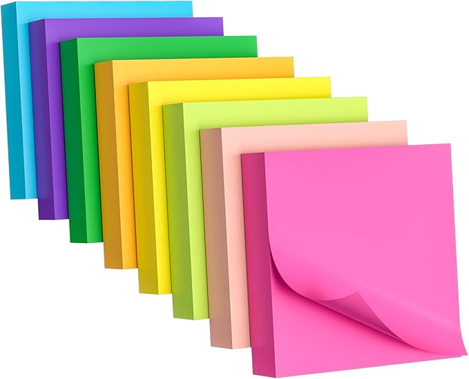 Sticky Notes 3x3 Inch, 8 Pads, 800 Sheets, 8 Bright Colors Sticky Note Pad, Bulk Self-Stick Pads, Home Office School Supplies, Clean Removal, Recyclable, Easy to Post for Notebook, 100 Sheets/Pad
