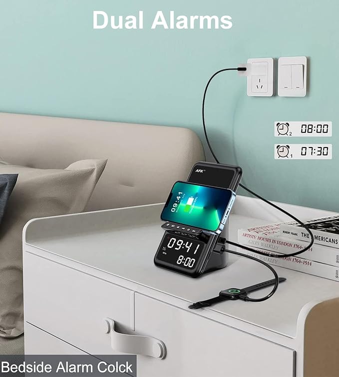 AFK Wireless Charging Station with Bluetooth Speaker and Alarm Clock,Wireless Charger Compatible with iPhone,Android Phones(Black)