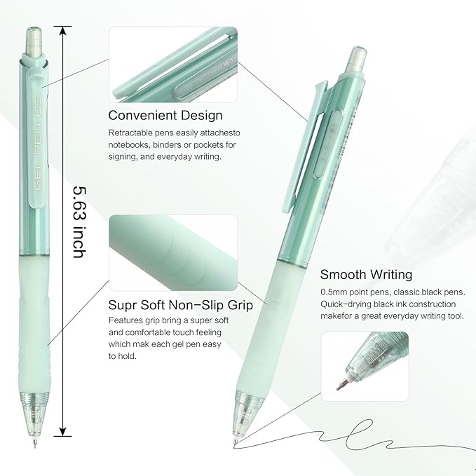 NNY Gel Pens Black Ink Pen 0.5mm with Comfort Grip for Smooth Writing, School & Office Supplies (6 Pack)