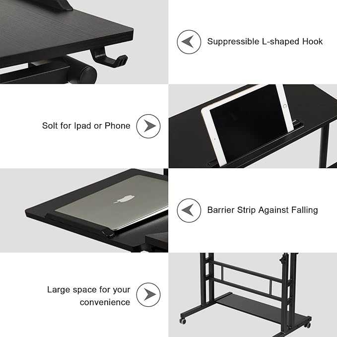 Hadulcet Stand Up Desk, Rolling Desk Adjustable Height, Mobile Standing Desk with Wheels & Charging Station, Portable Stand for Laptop, Rolling Computer Cart TV Tray, Small Standing Desk Drawing Table