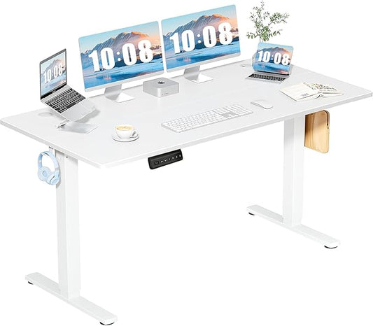 DUMOS 63 Inch Electric Standing Desk Height Adjustable, Sit to Stand Computer Workstations Large Work PC Table Home Office Writing Gaming Desks with Memory Presets for Walking Pad, Bedroom, White