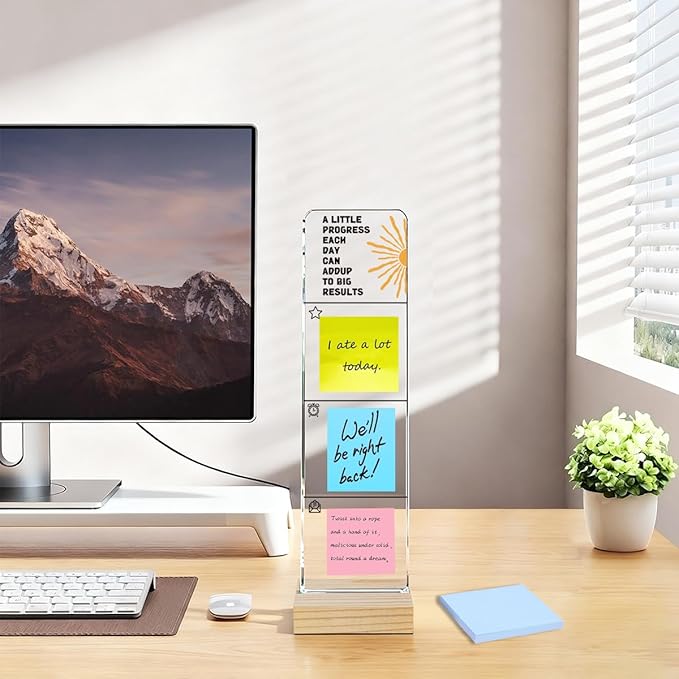 Monitor Memo Board with Removable Wooden Base Acrylic Portable Sticky Note Holder, A Little Progress Each Day Can Add Up to Big Results Acrylic Message Board, Office Desk Set Sticky Notes 100 Sheets