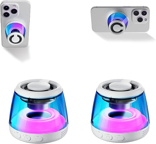 Two Magnetic Bluetooth Speaker,Wireless Induction Bluetooth Speaker,Mini Portable Cell Phone Stand for iPhone, Lanyard & RGB Night Light,or Home,Outdoors,Pool,Gift