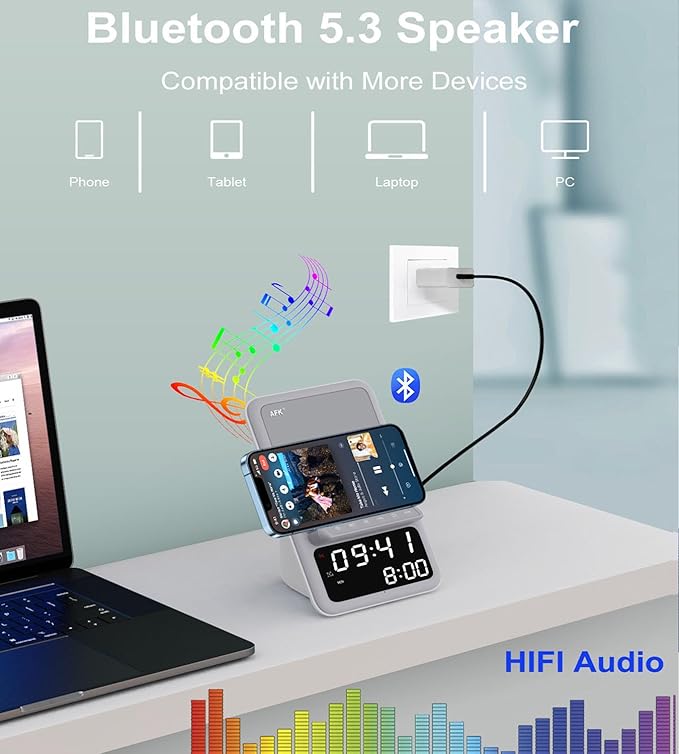 AFK Wireless Charging Station with Bluetooth Speaker and Alarm Clock,Wireless Charger Compatible with iPhone,Android Phones (Gray-White)