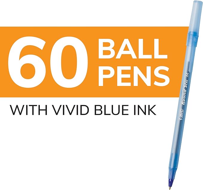 BIC Round Stic Xtra Life Blue Ballpoint Pens, Medium Point (1.0mm), 60-Count Pack of Bulk Pens, Flexible Round Barrel for Writing Comfort, No. 1 Selling Ballpoint Pens (Pack of 2)