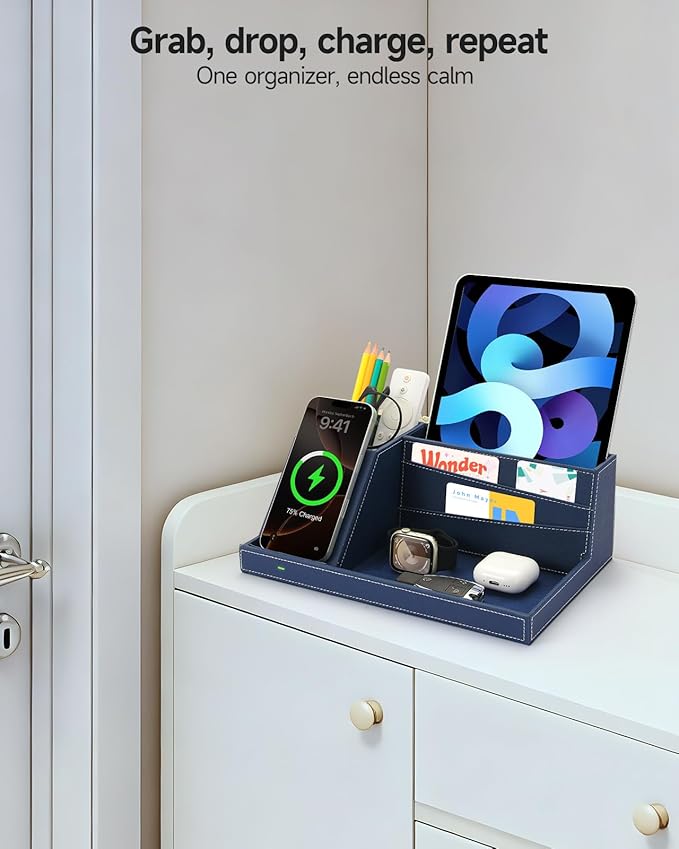 Desk Organizer with Charging Station, Nightstand Organizer Phone Docking Station, Men Gift Husband Wife Anniversary Dad Birthday Nightstand Purse Father Graduation Male Travel Idea Gadgets