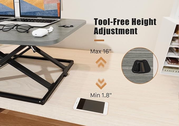JOY worker Standing Desk Converter, 31 Inch Compact Height Adjustable Stand up Desk Riser, Ultra Low Profile Sit to Stand Workstation for Laptop Riser Workstation, Grey