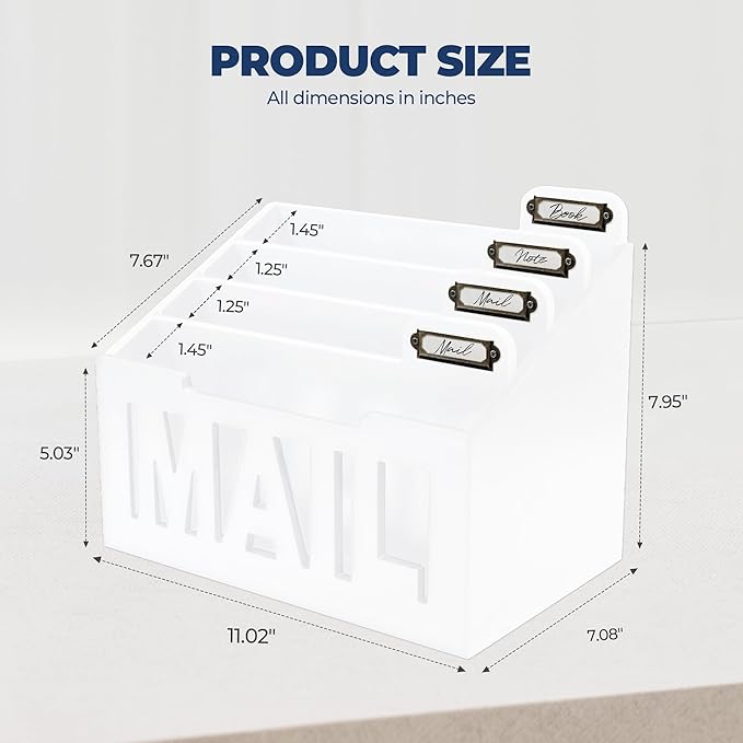Mail Organizer Countertop – White Holder for Desk with 4 Slots & Label Tags, Decorative Desktop Sorter, Bill Storage and Envelope Tray for Organized Home Office Accessories (11x7x8 in)