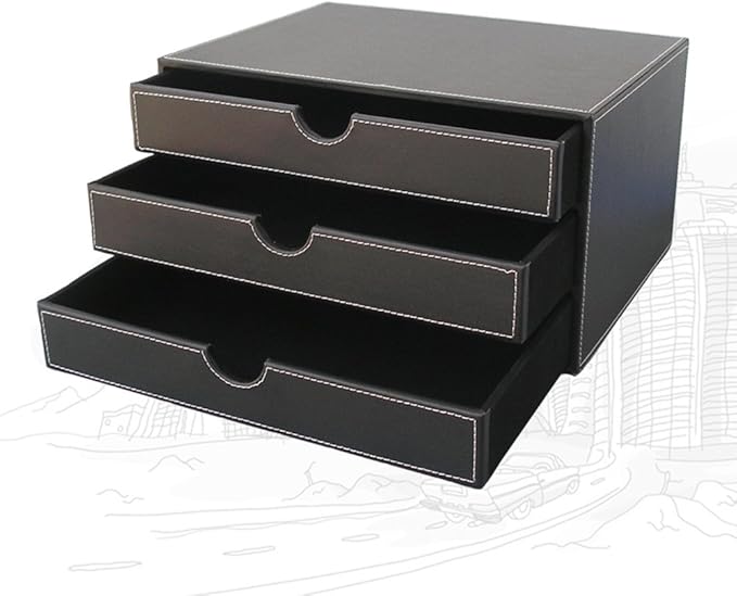 KINGFOM Desk Organizer Set 5PCS Office Supplies Synthetic Leather Files Holder Cabinet Desk Organizer Drawer, Multifunction Organizer Box, Tissue Box Holder and Sticky Notes Dispenser Case (T08-Black)