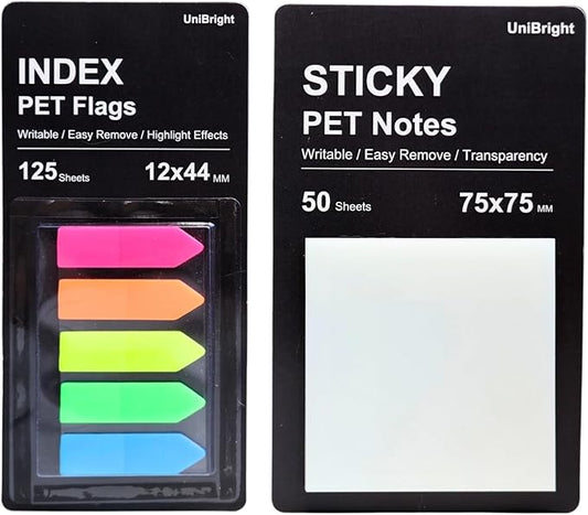 UniBright Transparent Sticky Notes, 3x3 Inch, 50 pcs, with Arrow Sticky Flags, 125pcs, Use as Clear Self-Sticky Pads, Annotation Supplies for Home, School and Office