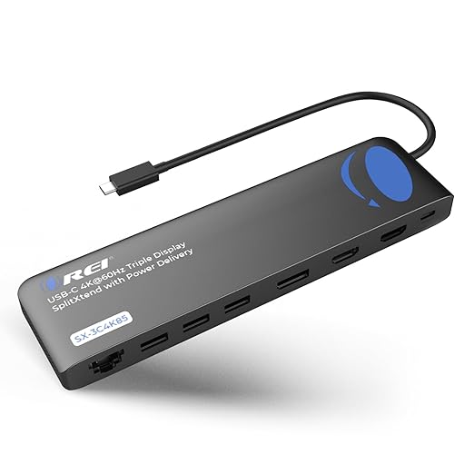 OREI SplitExtend 4K Splitter Extended Display Triple Monitor 2, 1 DisplayPort Docking Station 4 Separate Screens - USB-C to HDMI Adapter, 100W PD LAN, 4 USB 3.0, MircoSD, Windows, Mac OS