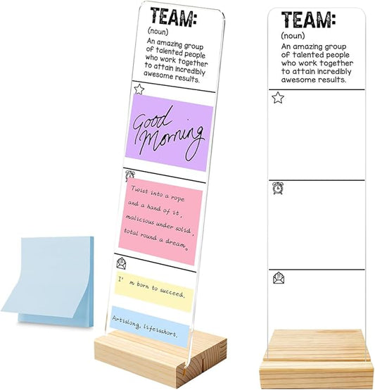 Acrylic Sticky Note Board with Wooden Base, Inspiring Team Quotes Desktop Logo, Monitor Message Sticky Notes Office Desk Sets and Accessories Belt Blue Sticky Notes 100 Sheets