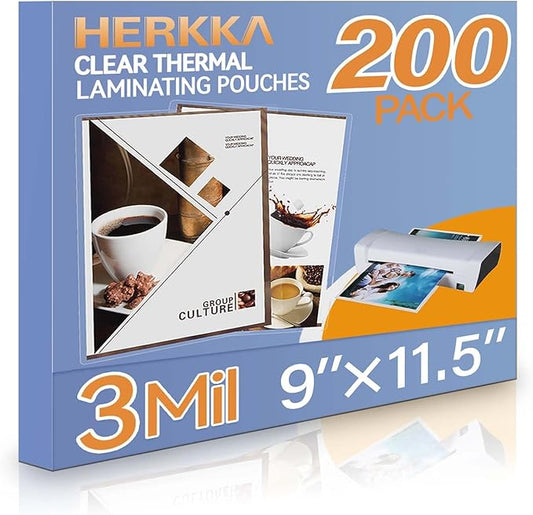 HERKKA 200 Pack Laminating Sheets, Holds 8.5 x 11 Inch Sheets, 3 Mil Clear Thermal Laminating Pouches 9 x 11.5 Inch Lamination Sheet Paper for Laminator, Round Corner Letter Size