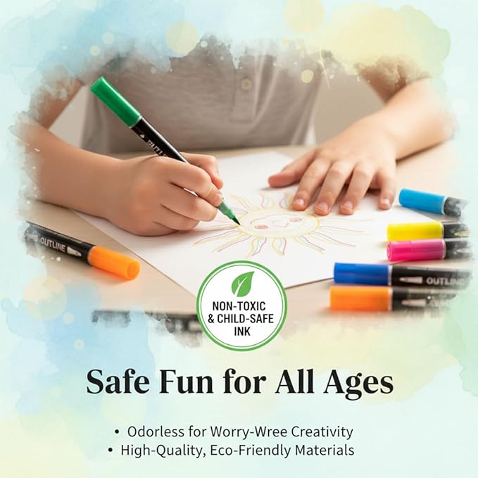 Double Line Outline Pens, 8/12/24/36/48 Colors Glitter Self-Outline Metallic Markers Set, 2mm Precision Tip, Quick-Dry Shimmer Contour Art Pens for Drawing, Coloring & DIY Crafts (12 Color)