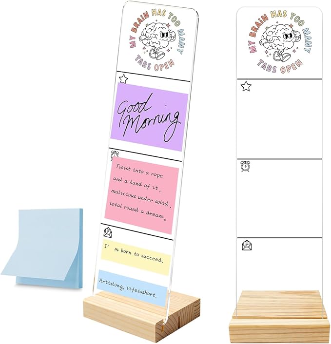 Monitor Memo Board with Removable Wooden Base Acrylic Portable Sticky Note Holder, My Brain Has Too Many Tabs Open Logo Office Desk Desk Set Sticky Notes 100 Sheets