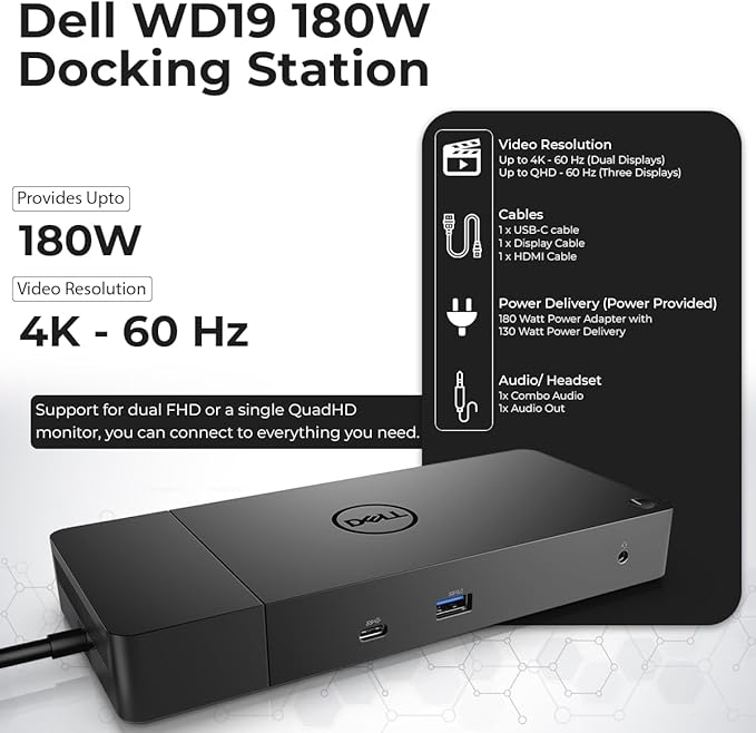 WD19 Dell Docking Station Dual Monitor - Dell USB C Dock with 180W Adapter, HDMI, DisplayPort, USB-C Cables & Cloth - Laptop Docking Station (WD19 180W)