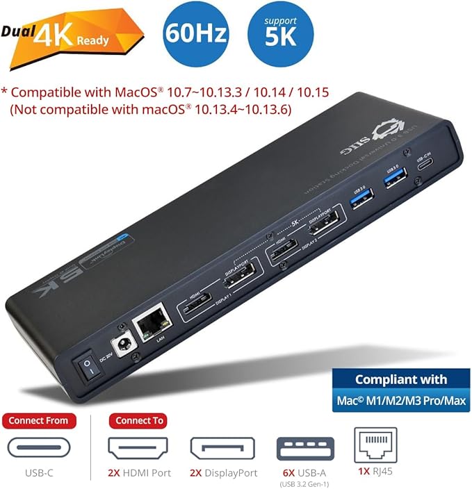 SIIG USB Type C 4K Dual Monitor Docking Station - Dual 4K@60HZ or Single 5K@60Hz Video Laptop Dock - Thunderbolt 3 Compatible (2 HDMI, 2 DisplayPort Outputs, Gigabit Ethernet, 6 USB 3.0 Ports)