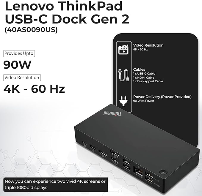 40AS0090US Lenovo Thinkpad Docking Station Gen 2-1 Year Warranty, Lenovo Docking Station for Laptop with 90W Adapter, HDMI, USB-C, DisplayPort Cables & Cloth - Universal Thunderbolt 3 Dock