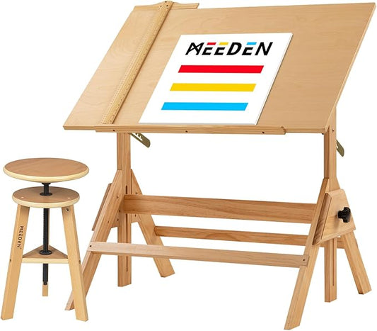 MEEDEN Wood Drafting Table & Stool Set,Artist Stool and Craft Table with Adjustable Height,Tiltable Tabletop for Artwork, Graphic Design, Reading, Writing
