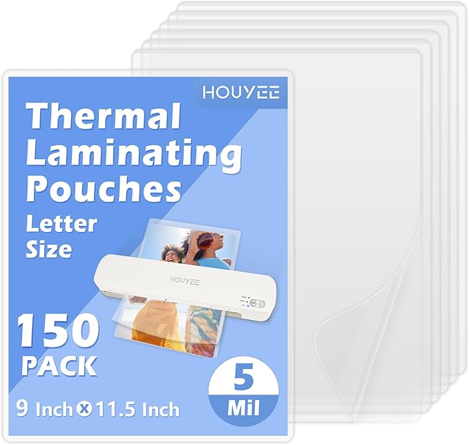 HOUYEE 150 Pack 5 Mil Thermal Laminating Sheets, Hold 8.5 x 11 Inch Sheets, Ultra Clear Laminating Pouches, 9 x 11.5 Inch Lamination Sheet Paper for Laminator, Letter Size, Office and School Supplies