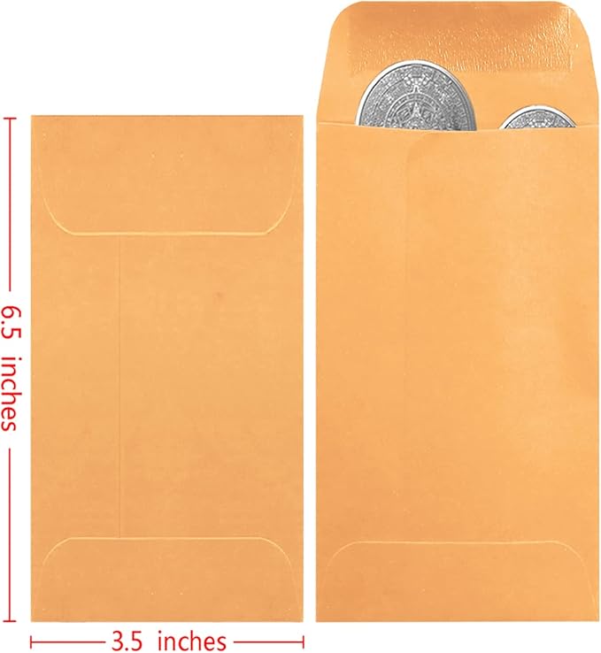 500 Pack #7 Brown coin envelope 3.5 x 6.5 inches Kraft Envelopes Classic Small Parts Envelopes with Self Adhesive Gummed Flap for Coins Cash Credit Cards Seeds