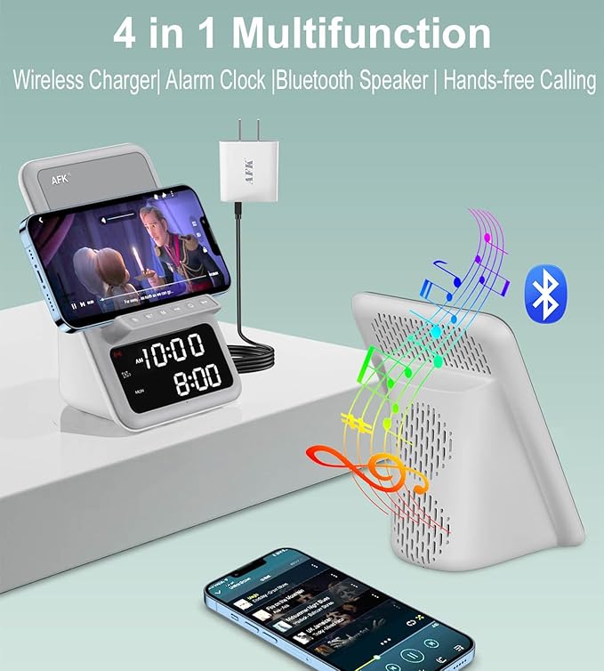 AFK Wireless Charging Station with Bluetooth Speaker and Alarm Clock,Wireless Charger Compatible with iPhone,Android Phones (Gray-White)