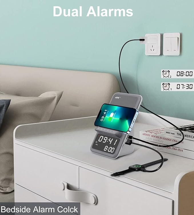 AFK Wireless Charging Station with Bluetooth Speaker and Alarm Clock,Wireless Charger Compatible with iPhone,Android Phones (Gray-White)