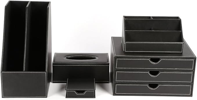 KINGFOM Desk Organizer Set 5PCS Office Supplies Synthetic Leather Files Holder Cabinet Desk Organizer Drawer, Multifunction Organizer Box, Tissue Box Holder and Sticky Notes Dispenser Case (T08-Black)